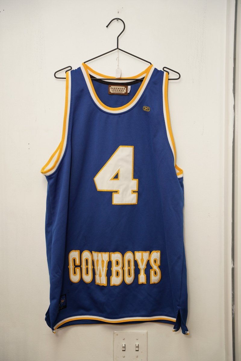 McNeese State Cowboys basketball jersey blue gold white number 4 COWBOYS Western lettering Hardwood Legends Joe Dumars XL