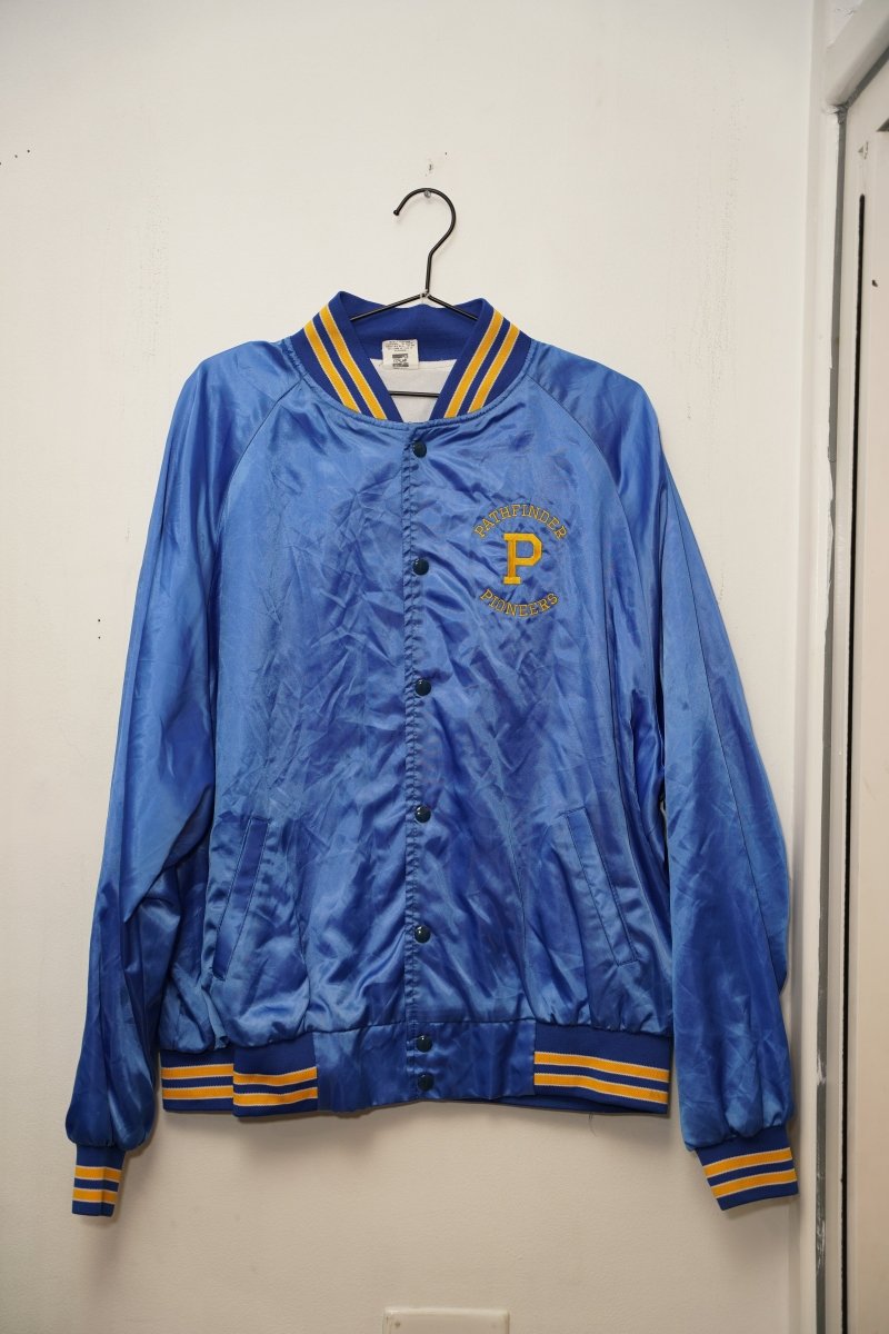 Vintage Pathfinder Pioneers royal blue satin bomber jacket XL with gold embroidered P logo, blue and gold striped ribbed collar and cuffs