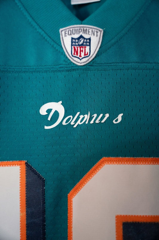 Reebok Miami Dolphins #10 Pennington football jersey in medium size, white with aqua and orange trim, displayed flat showing front chest logo and sleeve details