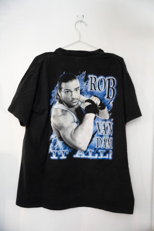 ECW Rob Van Damn It All t-shirt in large, featuring black cotton fabric with printed graphic text and design from vintage wrestling merchandise era