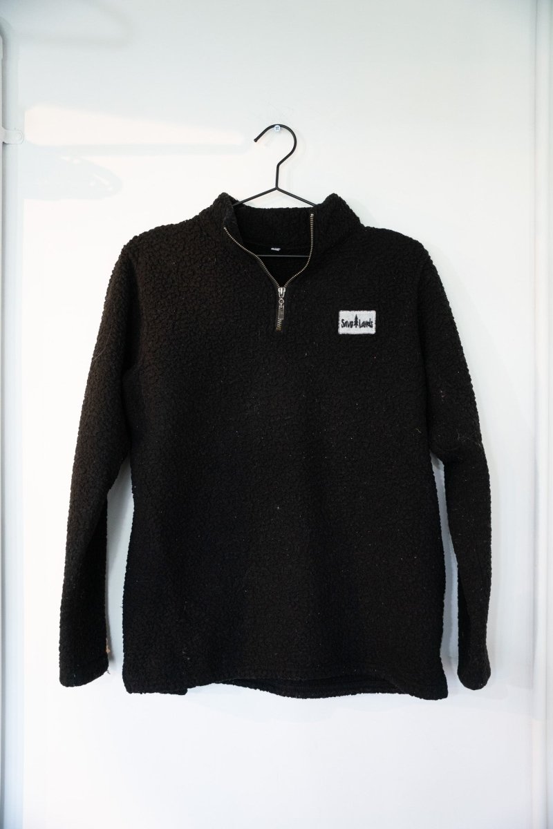 Black vintage Save Lands sherpa fleece quarter-zip pullover with brass zipper stand-up collar Save Lands tree patch plush texture size Medium