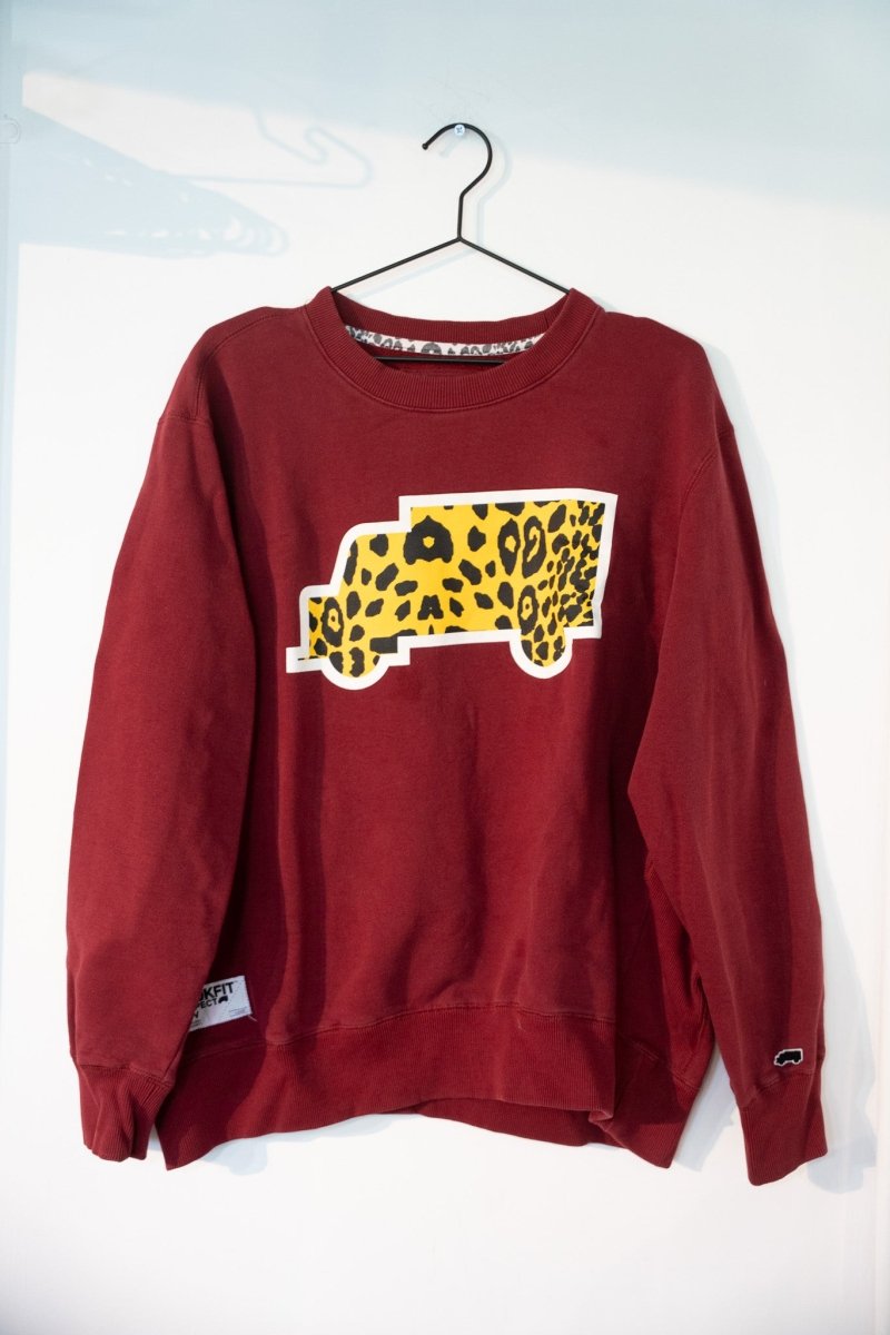 Burgundy maroon vintage Trukfit crewneck sweatshirt with yellow black leopard print truck logo goggle emblem leopard neck tape size XXL