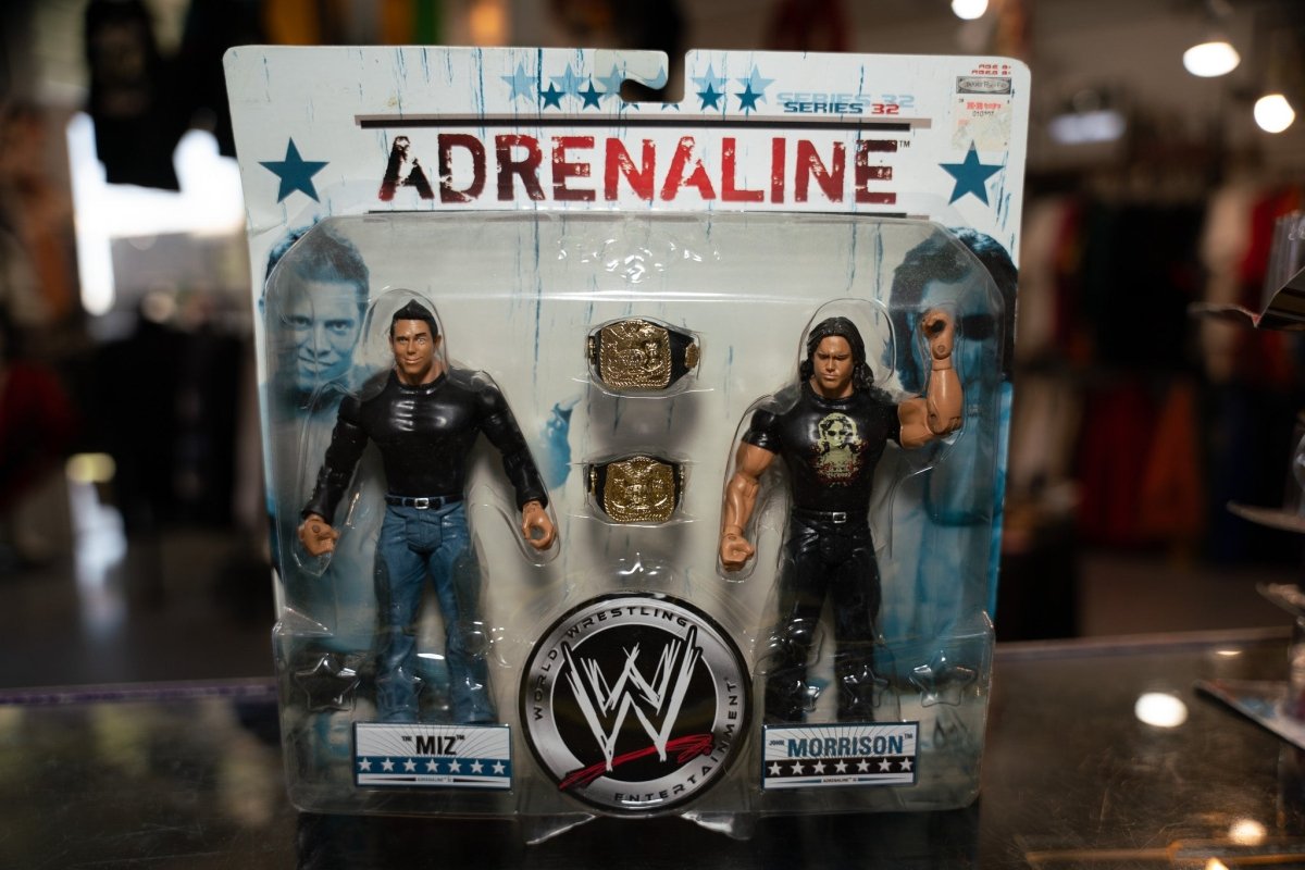 WWE Adrenaline Series 32 action figures showing The Miz and John Morrison in wrestling attire with articulated joints