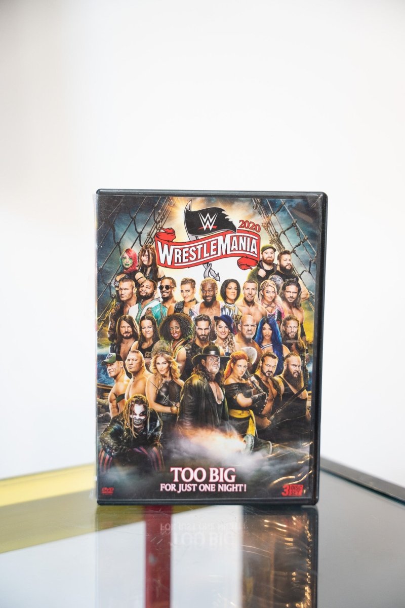 WWE WrestleMania 2020 DVD pirate-themed cover massive wrestler group photo WrestleMania logo pirate flag Too Big For Just One Night 3-disc set