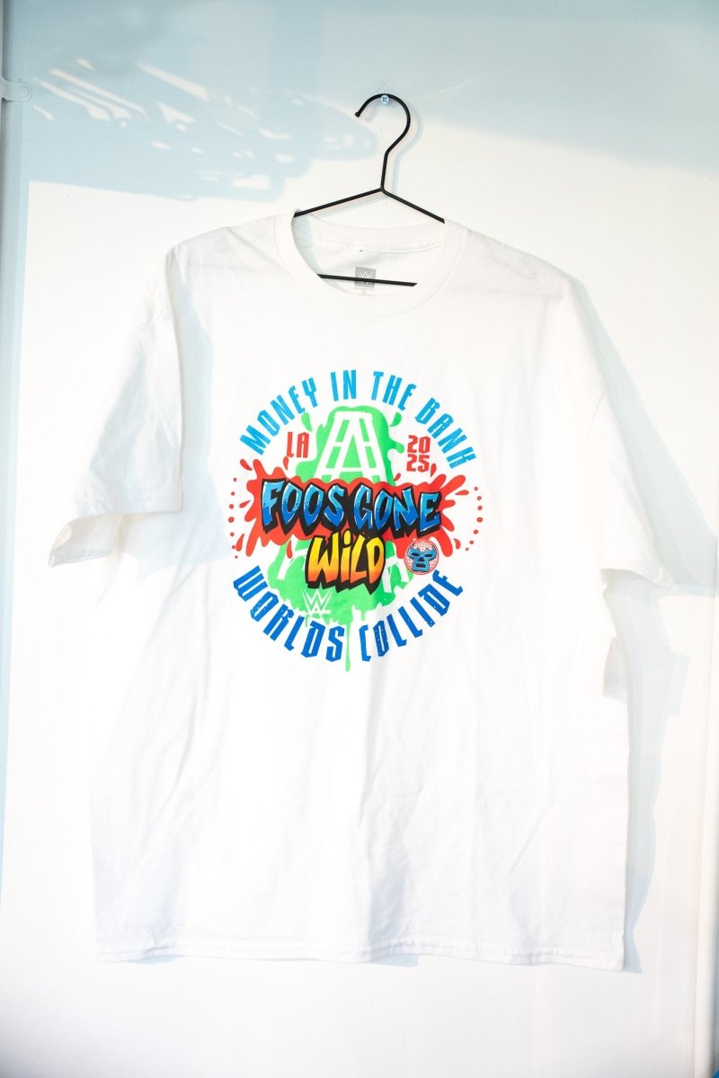 White WWE x Foos Gone Wild Money in the Bank 2025 LA shirt with colorful graffiti graphic briefcase lucha mask Worlds Collide blue text size XL