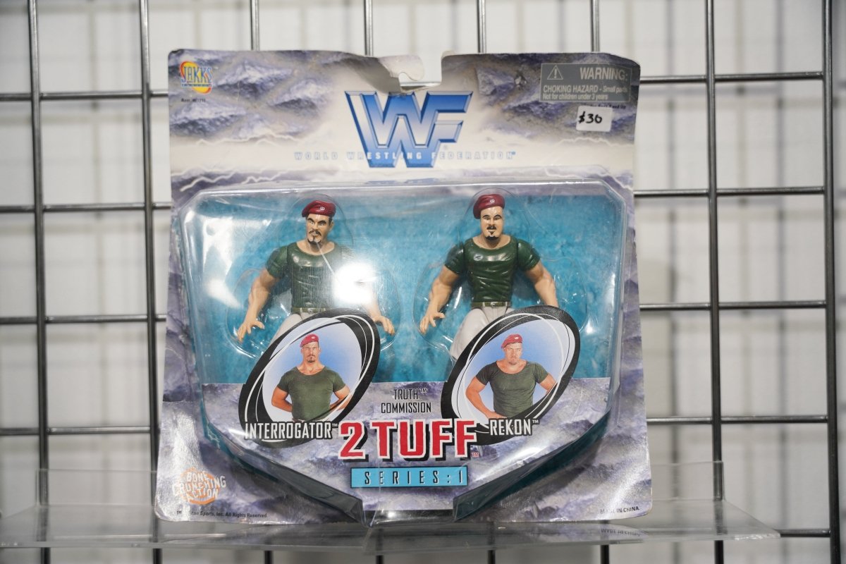 WWF 2 Tuff Tag Team Series 1 Truth Commission Interrogator and Rekon figures in green military shirts and red berets by Jakks Pacific
