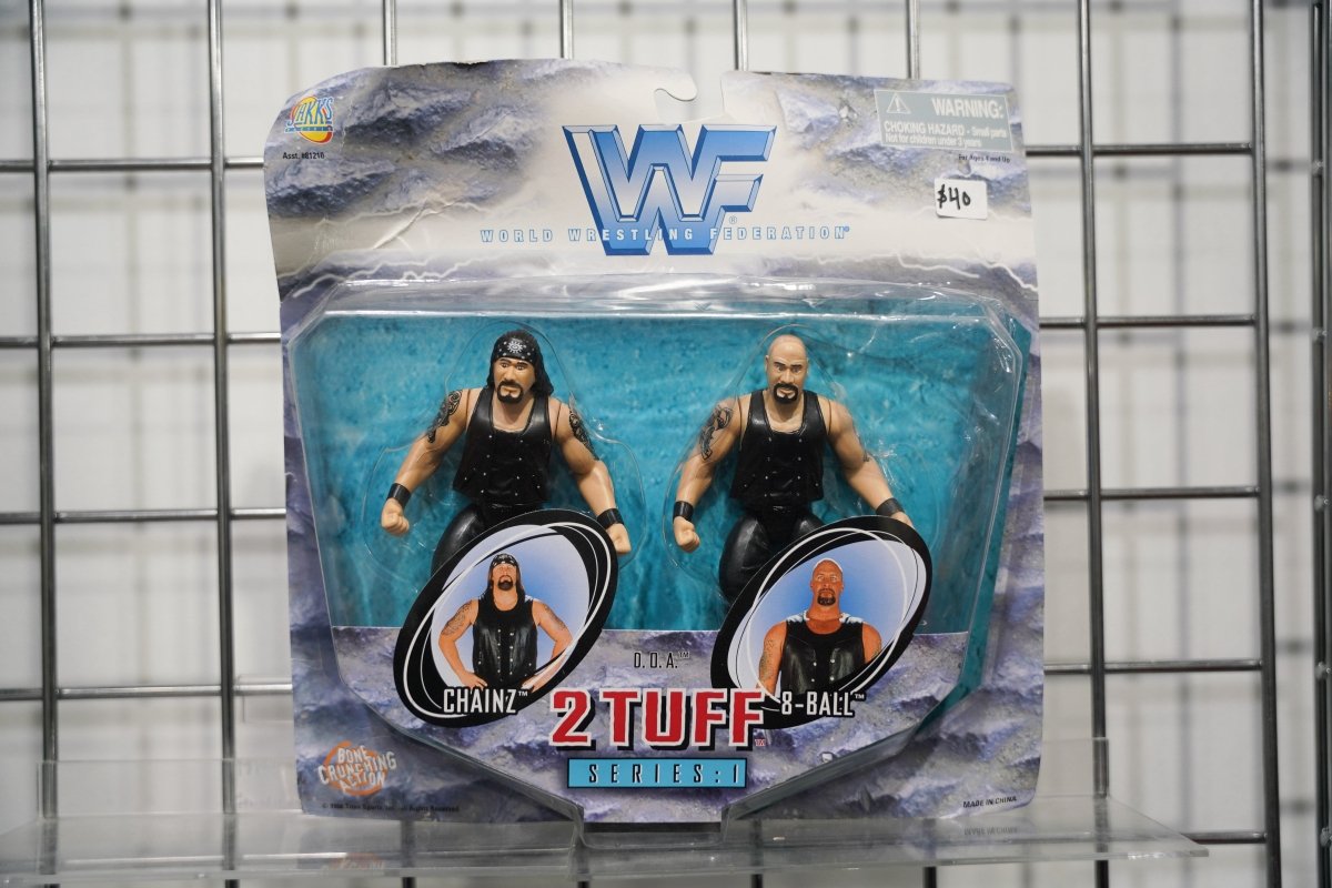 WWF 2 Tuff Tag Team Series 1 D.O.A. Chainz and 8-Ball figures in black leather vests by Jakks Pacific with Bone Crunching Action badge
