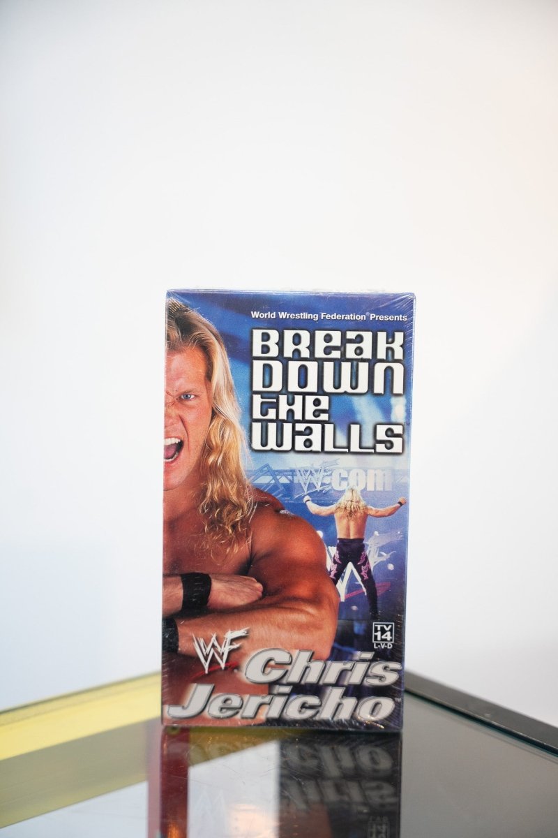WWF Chris Jericho Break the Walls Down VHS tape sealed long blonde hair screaming portrait arena entrance BREAK DOWN THE WALLS text blue background