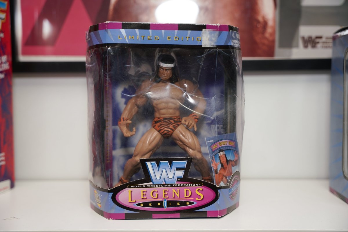 WWF Legends Series 1 Jimmy Superfly Snuka action figure in original box with tiger-print trunks, white headband, and Limited Edition banner