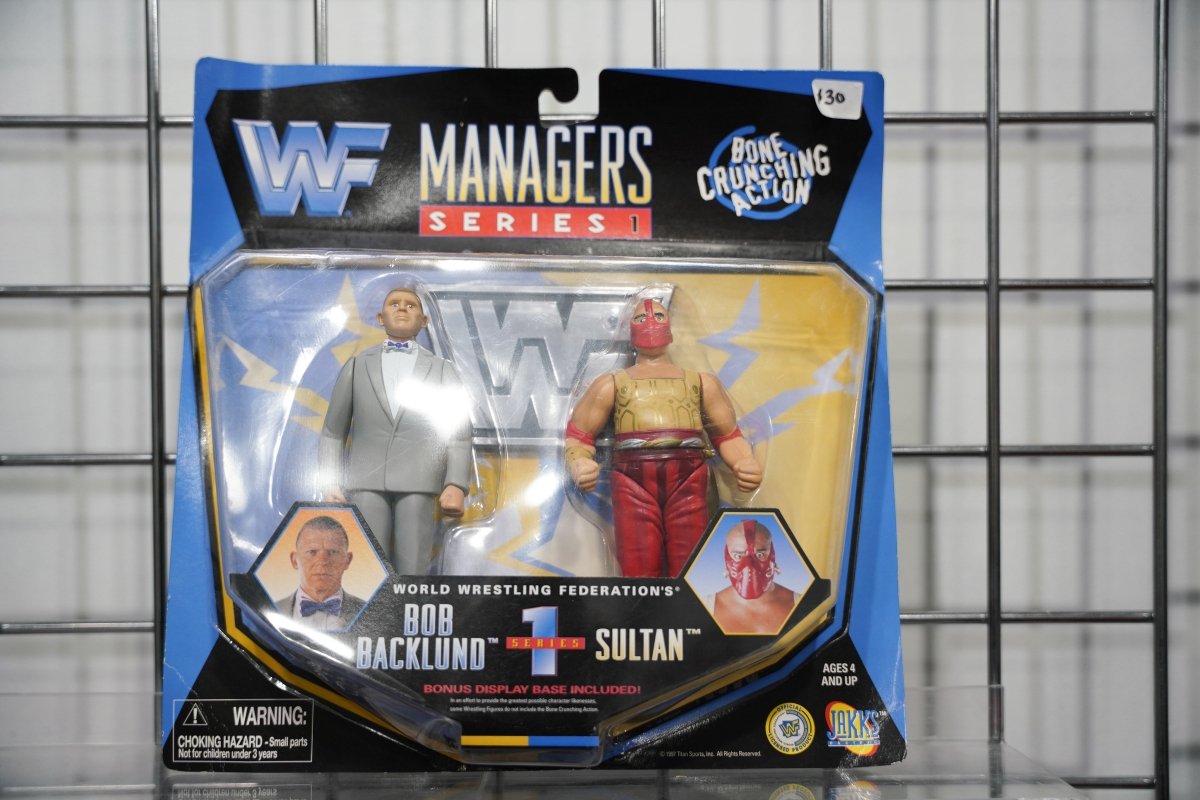 WWF Managers Series 1 Bob Backlund in grey suit and The Sultan in red mask action figure two-pack by Jakks Pacific with Bone Crunching Action badge
