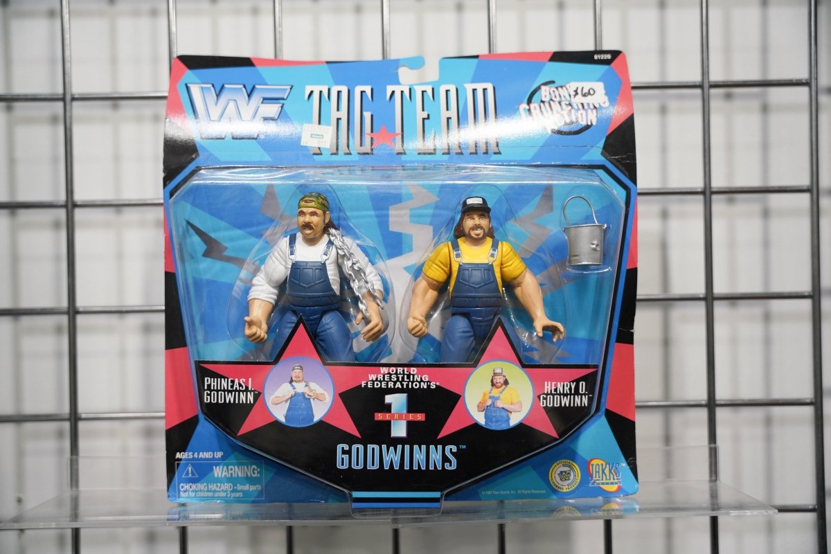 WWF Tag Team Series 1 Godwinns action figure two-pack with Phineas and Henry in blue overalls, slop bucket accessory, Jakks Pacific