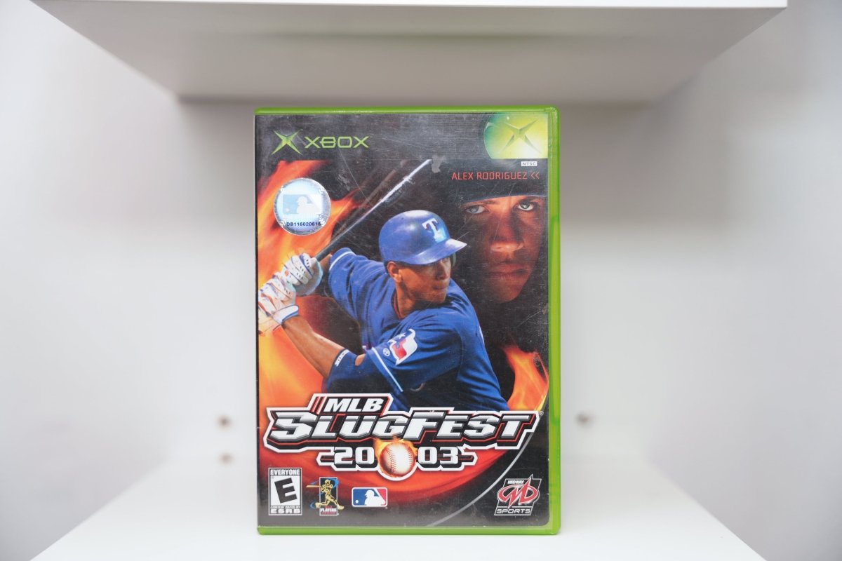 Xbox MLB SlugFest 20-03 green case Alex Rodriguez Rangers blue jersey swing flames MLB SLUGFEST metallic text flaming baseball Midway Everyone
