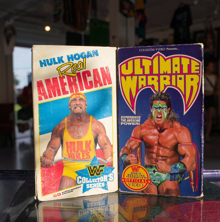 Vintage wrestling VHS at Keep It Classic — Hulk Hogan Real American and Ultimate Warrior Coliseum Video clamshells