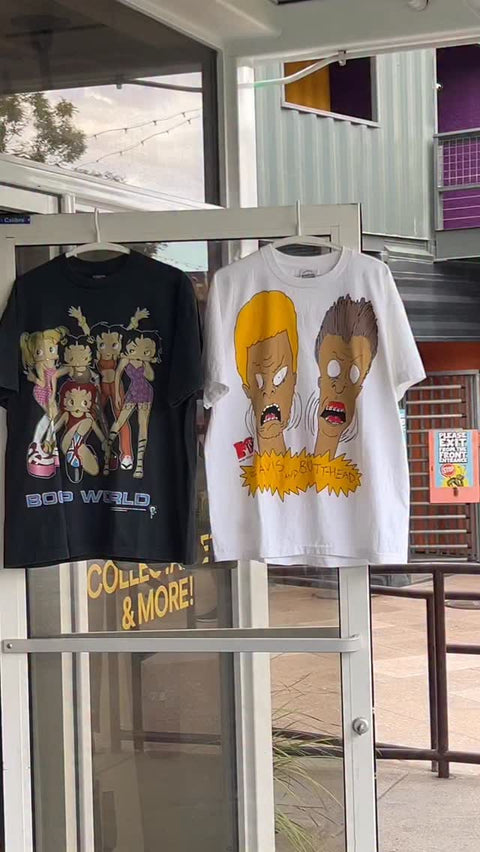 Vintage 90s t-shirts on hangers at Keep It Classic Container Park Las Vegas. Betty Boop, Beavis and Butthead.