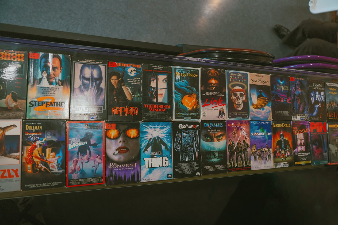 Grid of horror VHS big-boxes and clamshells at Keep It Classic