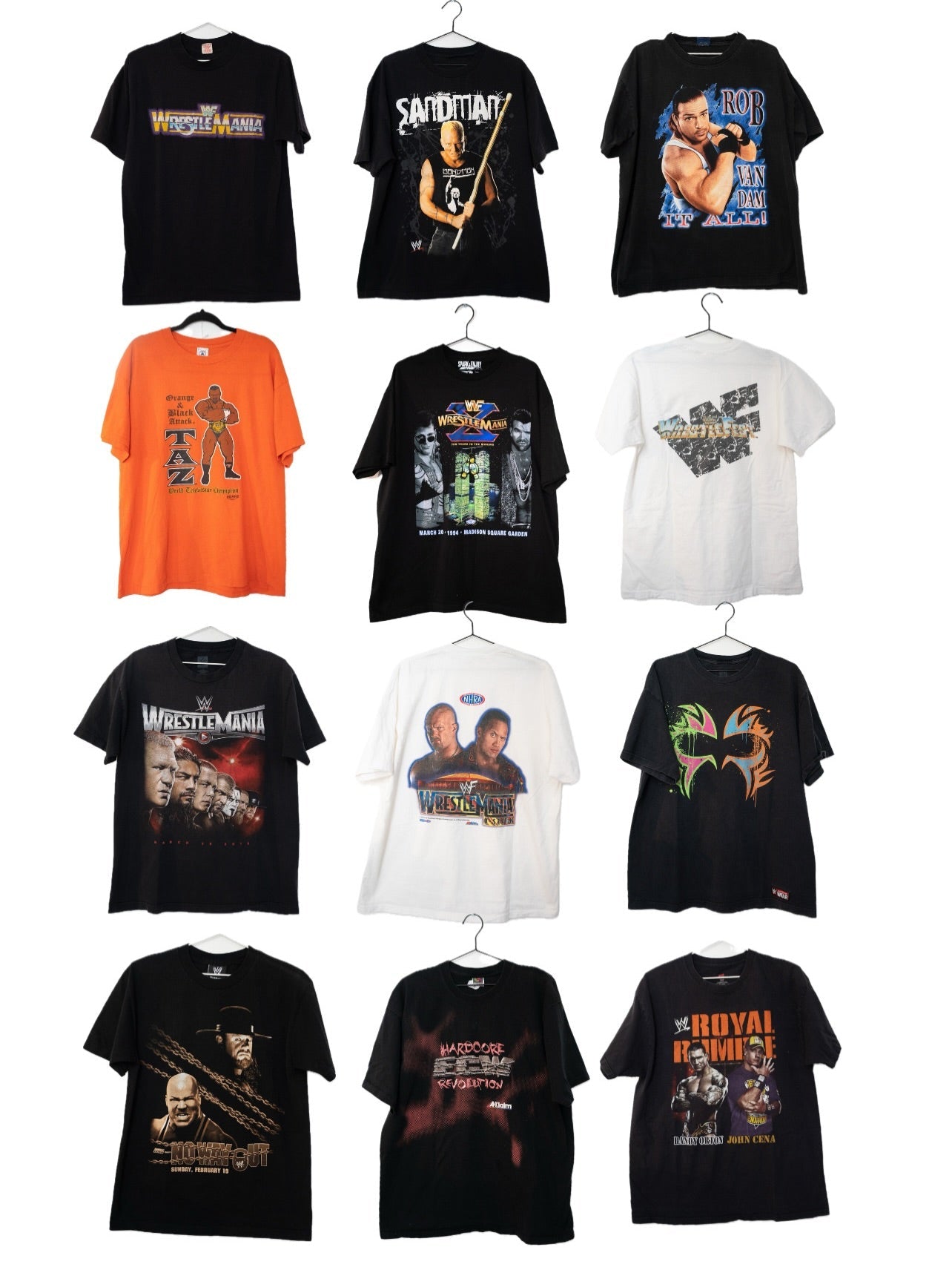 Vintage wrestling t-shirts on hangers at Keep It Classic — WrestleMania, ECW, Undertaker, Royal Rumble