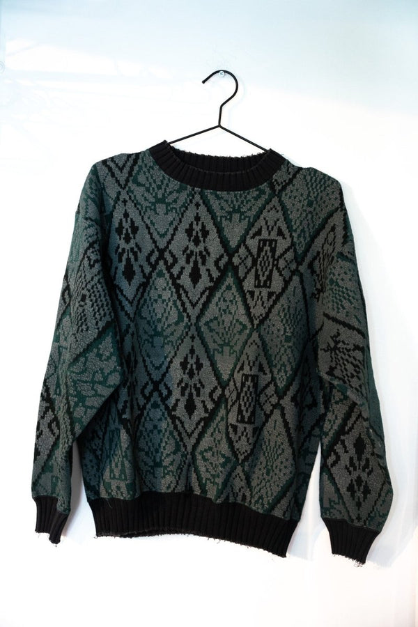 Dark green and black 1970s grandpa sweater with geometric diamond floral jacquard knit pattern black ribbed crewneck cuffs waistband size XL