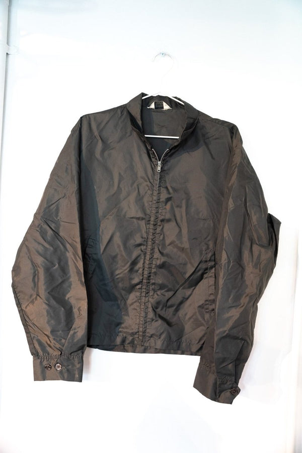 Dark olive brown 1980s Towncraft nylon windbreaker jacket with stand-up collar full zip snap button cuffs lightweight size Large