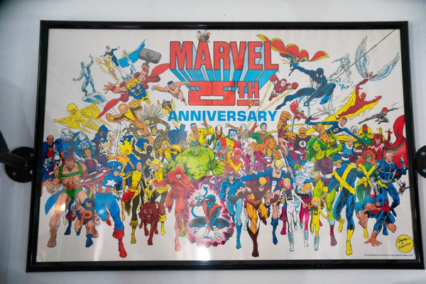 1986 Marvel 25th Anniversary framed poster 22x34 with group illustration Spider-Man Hulk Captain America Thor X-Men Fantastic Four classic comic art