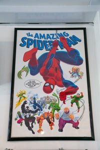 Framed 1990 Amazing Spider-Man Villains poster by John Romita with Spider-Man swinging surrounded by Venom Doctor Octopus Vulture Kingpin Electro villains