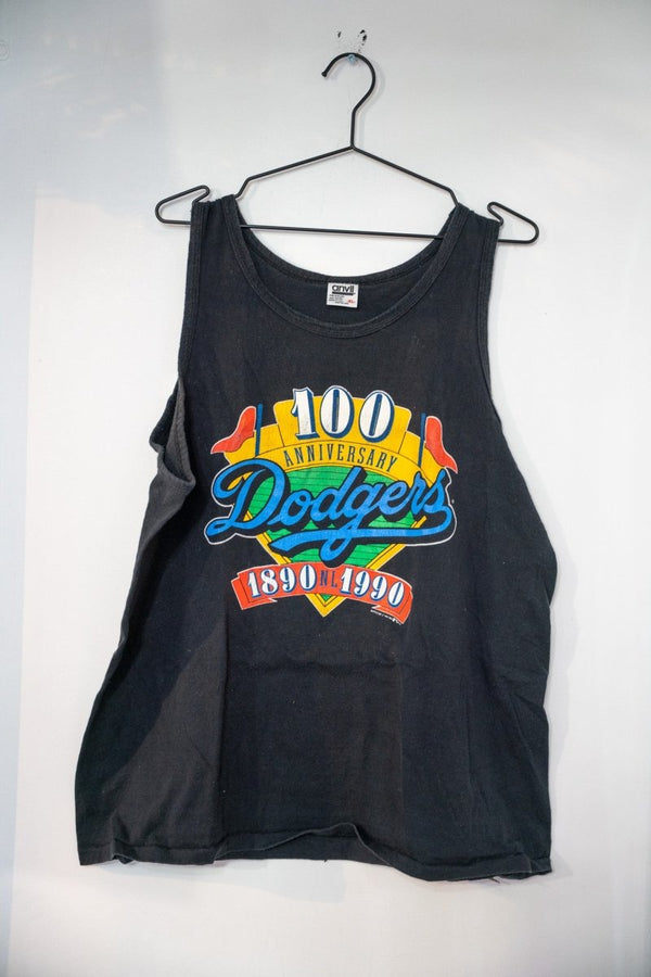 Black 1990 Los Angeles Dodgers 100th Anniversary tank top with colorful centennial logo white 100 blue Dodgers script and 1890 NL 1990 banner size XL
