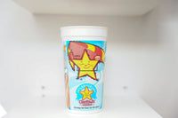Carl's Jr. 50th Anniversary white plastic cup with Happy Star mascot, 1970s restaurant illustration, and Serving the Best for 50 years tagline