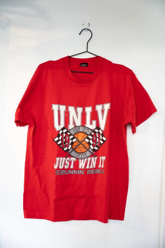 Red 1991 Screen Stars Best UNLV On To Indy shirt with basketball and checkered flags graphic and JUST WIN IT RUNNIN REBELS text