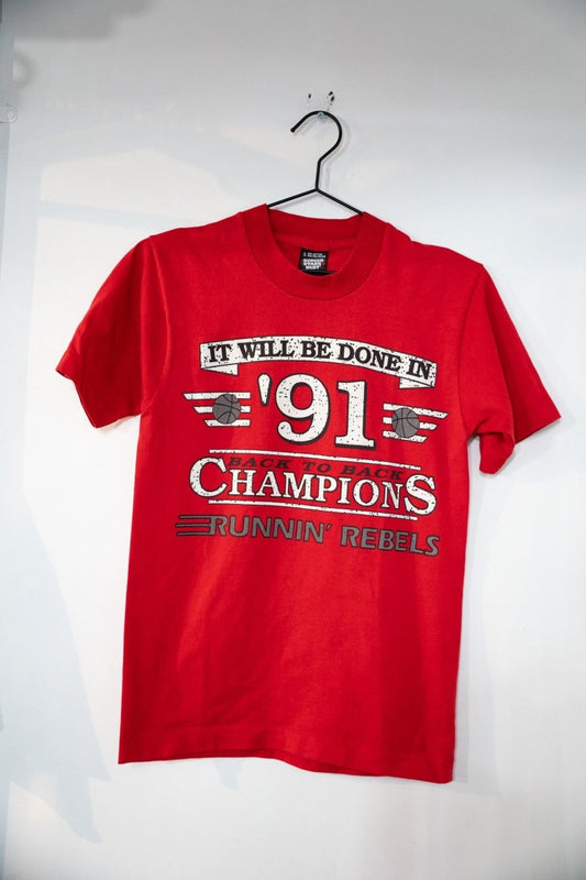 Red 1991 UNLV Runnin Rebels Back to Back Champions tee with It Will Be Done In 91 banner and Screen Stars Best tag