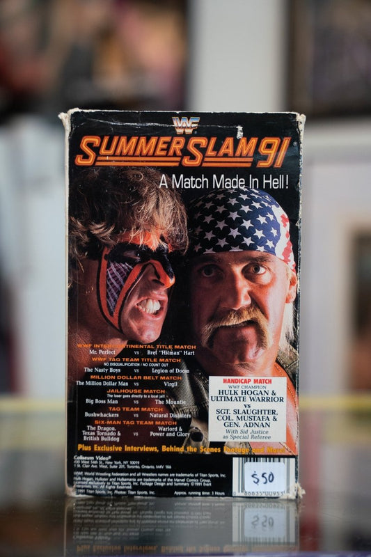1991 WWF SummerSlam A Match Made in Hell VHS with Ultimate Warrior and Sgt Slaughter face-off and gold metallic title lettering