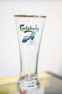 Carlsberg beer glass commemorating the 1992 European Football Championship, featuring printed graphics and branding on clear glass
