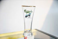 1992 Carlsberg European Football Championship pilsner glass with green Carlsberg logo UEFA 92 logo blue green yellow stripes gold rim