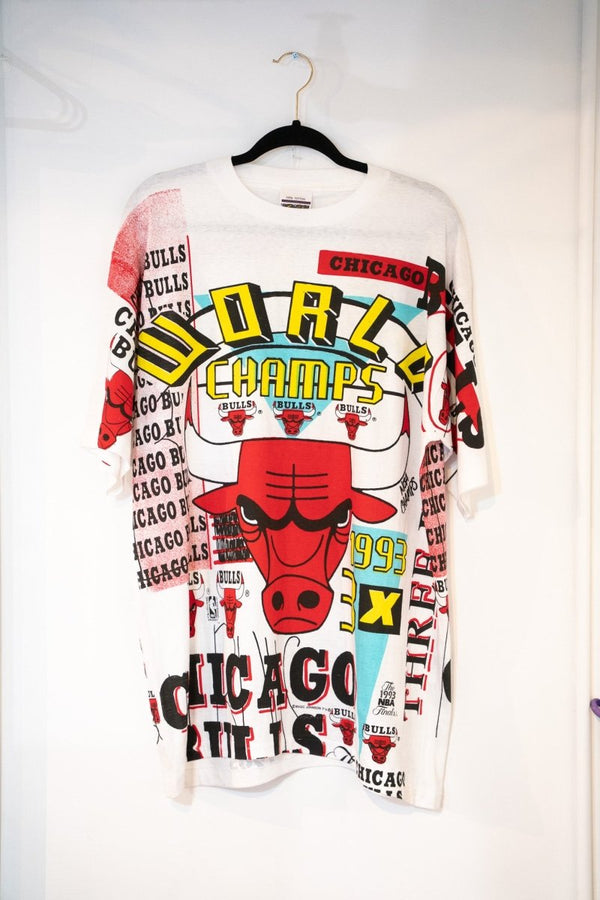 White 1993 Magic Johnson T's Chicago Bulls World Champs 3X all-over print tee red Bulls logo yellow WORLD CHAMPS text 1993 NBA Finals size Large