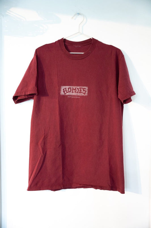 Burgundy maroon 1994 Homies Lil Homies tee with HOMIES graffiti brick wall texture logo Gonzales Graphics copyright size Large