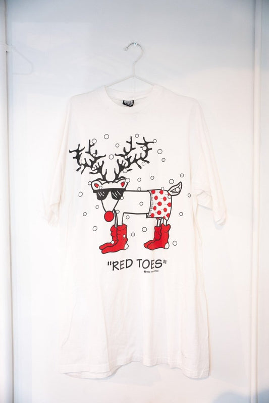 White 1995 Christmas Red Toes tee cartoon reindeer sunglasses red nose polka dot sweater red boots snowflakes RED TOES text