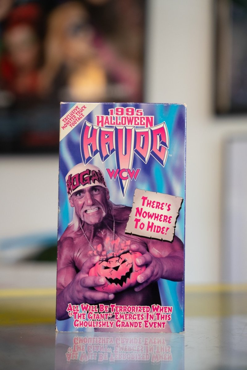 1995 WCW Halloween Havoc VHS with Hulk Hogan holding glowing jack-o-lantern in purple and red Gothic title lettering