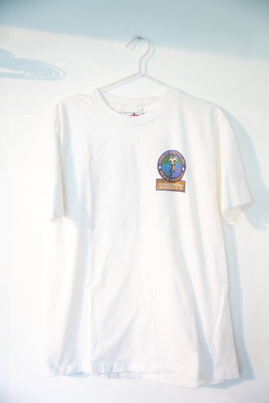 White 1996 World Wrestling Peace Festival tee with circular wrestler on globe emblem Los Angeles Sports Arena event graphic size Large