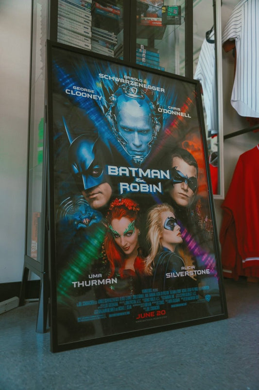 Framed 1997 Batman & Robin movie poster with George Clooney Arnold Schwarzenegger Uma Thurman Alicia Silverstone Chris O'Donnell Warner Bros JUNE 20