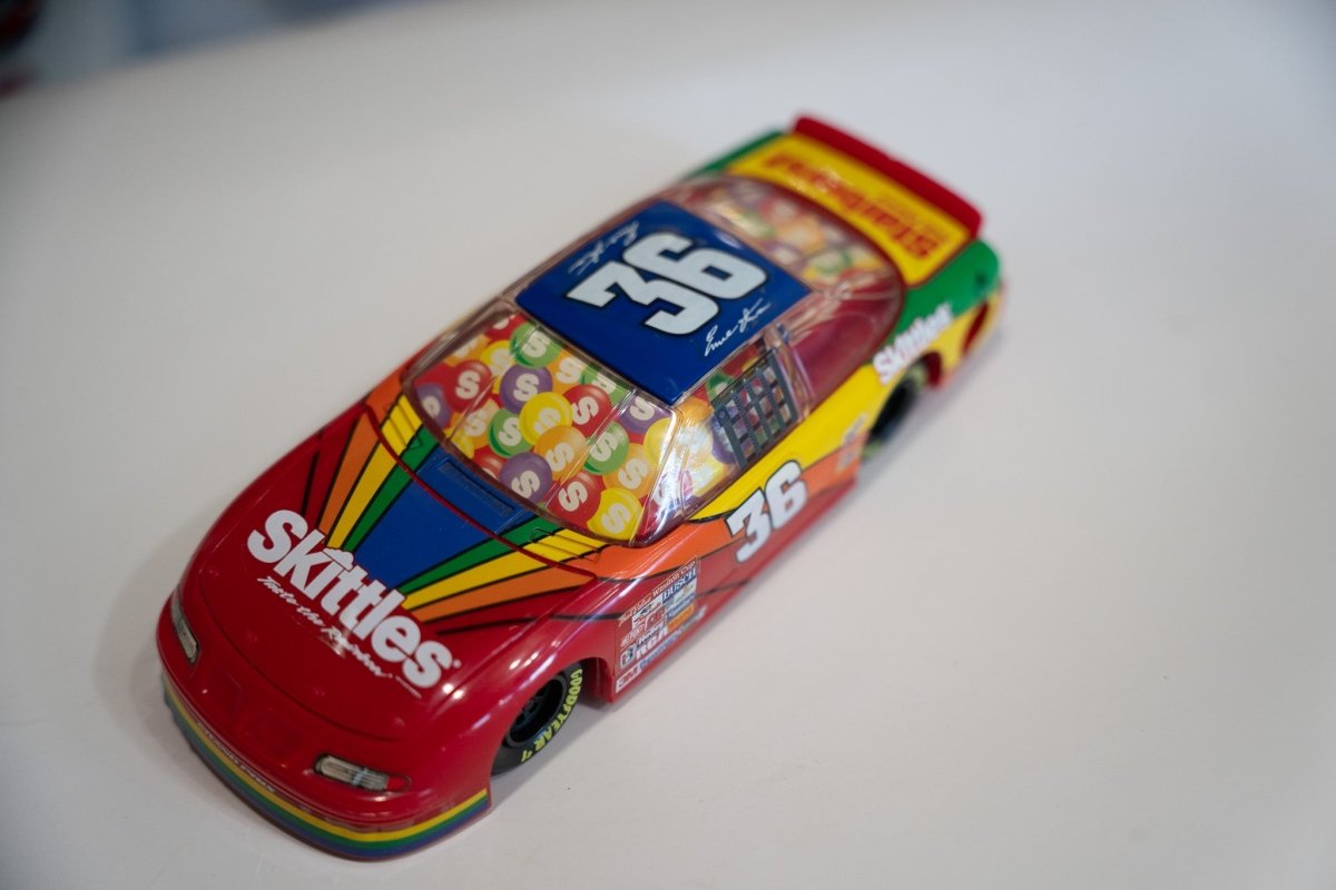 Revell 1:24 scale diecast stock car #36 Skittles Pontiac, 1997 NASCAR Derek Cope model with white and multicolored livery