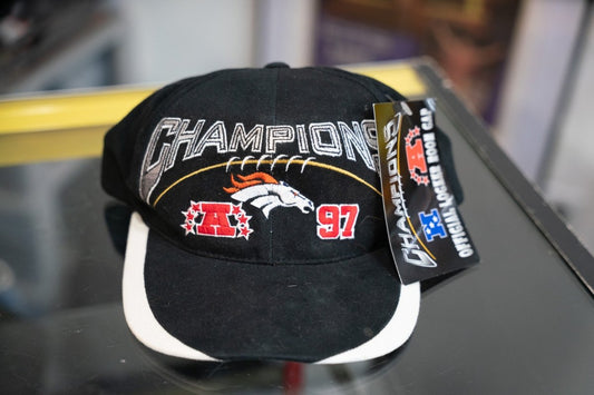 1997 Denver Broncos AFC Champions black locker room hat with original tags, CHAMPIONS embroidery, and Broncos logo