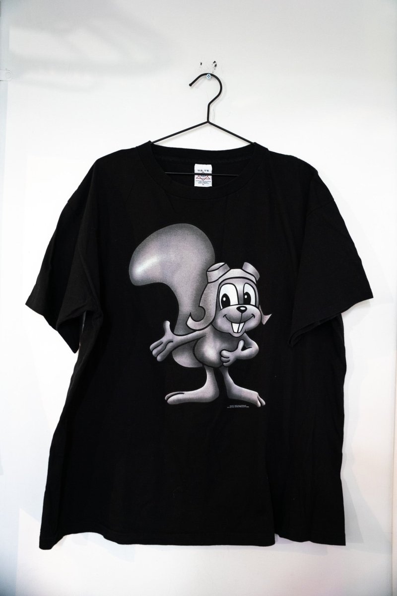 Black 1997 Rocky and Bullwinkle shirt with large silver airbrushed Rocky the Flying Squirrel graphic on front