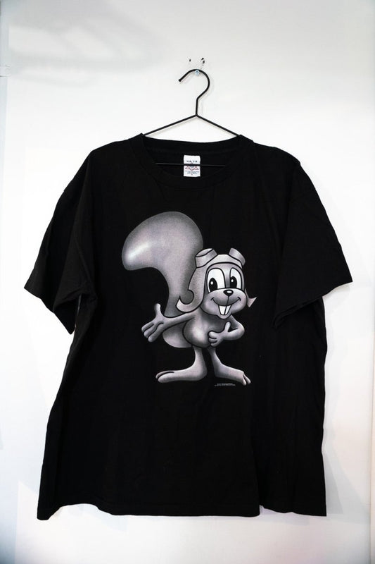 Black 1997 Rocky and Bullwinkle shirt with large silver airbrushed Rocky the Flying Squirrel graphic on front