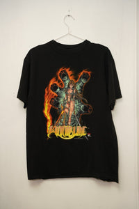 Black 1997 Witchblade tee Top Cow Sara Pezzini armored gauntlet flames orange yellow WITCHBLADE gold text comic book art
