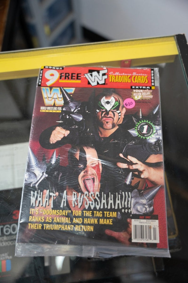 1997 WWF Magazine July issue Legion of Doom Road Warriors Animal Hawk spiked shoulder pads face paint What A Rush text bonus trading cards