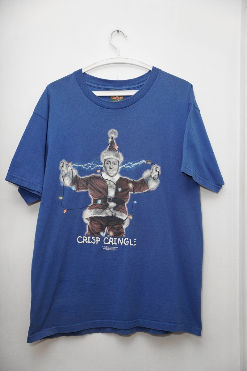 Three Stooges Crisp Cringle blue tee large with Curly in Santa suit tangled in Christmas lights being electrocuted, white Crisp Cringle text