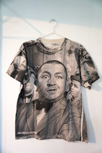 1998 Three Stooges all-over print tee with black and white photographic images of Moe Larry Curly multiple poses full-bleed print size Large