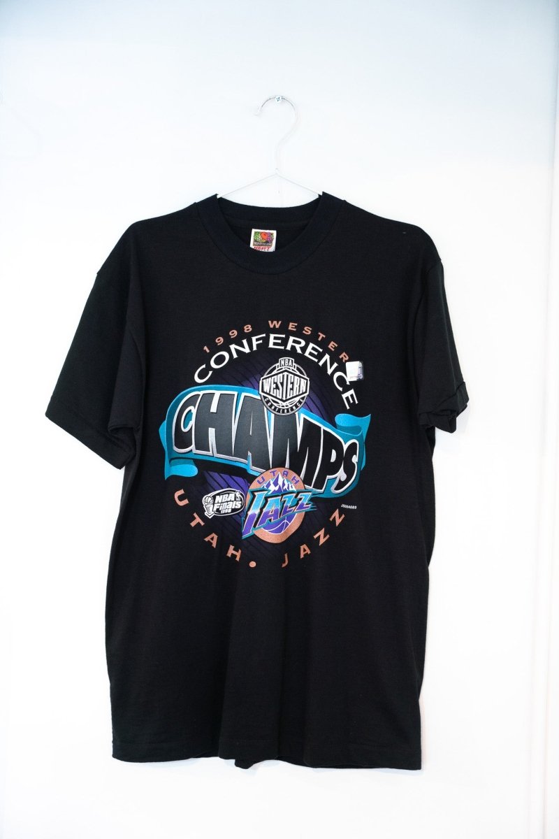 Black 1998 Utah Jazz Western Conference Championship tee NWT CHAMPS chrome text Jazz mountain logo NBA Finals logo Fruit of the Loom deadstock