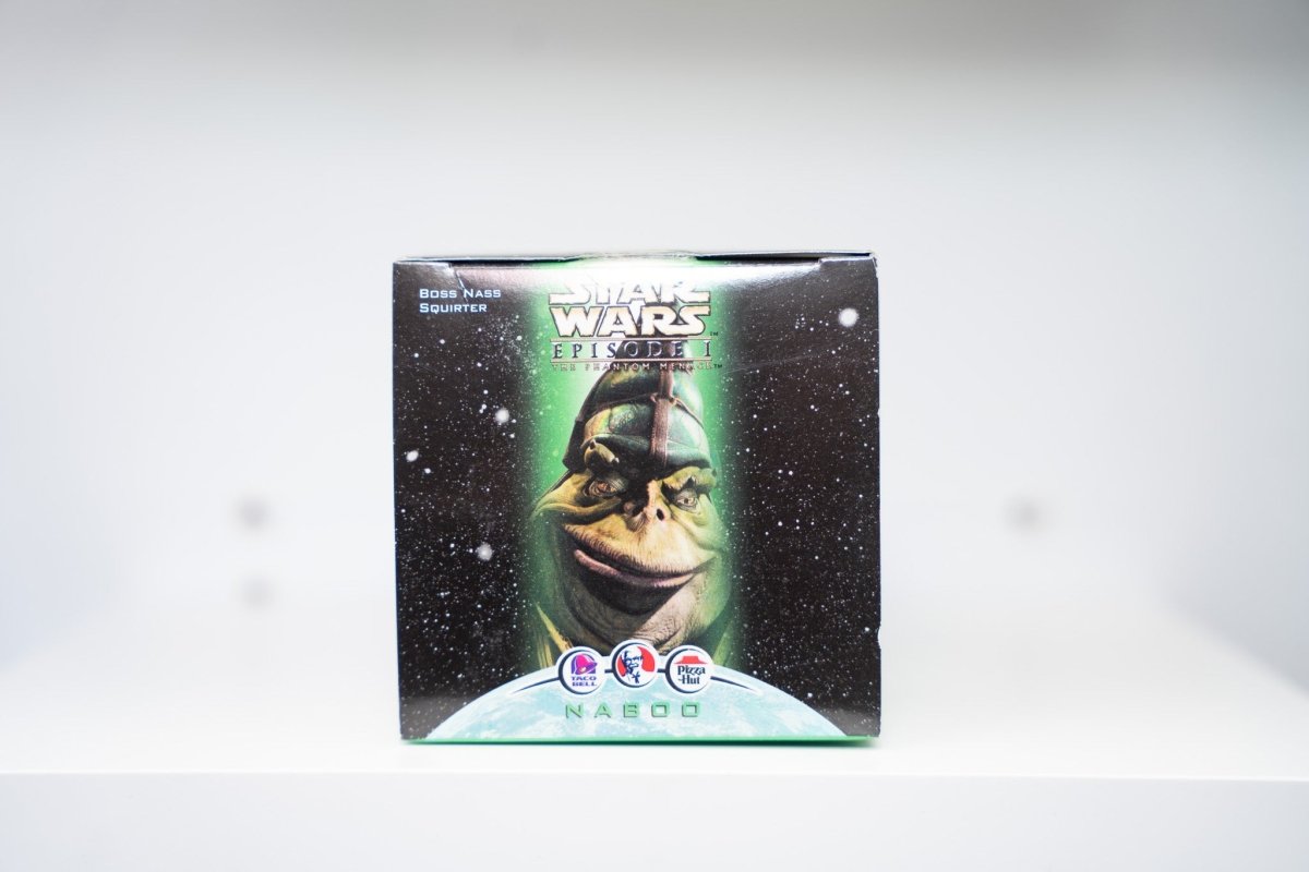 1999 Star Wars Episode I Boss Nass Squirter toy sealed box space background Boss Nass portrait Taco Bell KFC Pizza Hut logos NABOO text