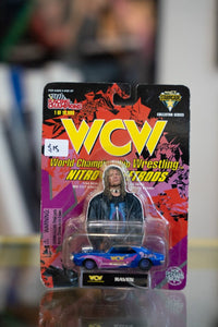 1999 WCW Racing Champions Nitro Streetrods Raven sealed on card with blue die-cast car and Raven photo on yellow WCW backer