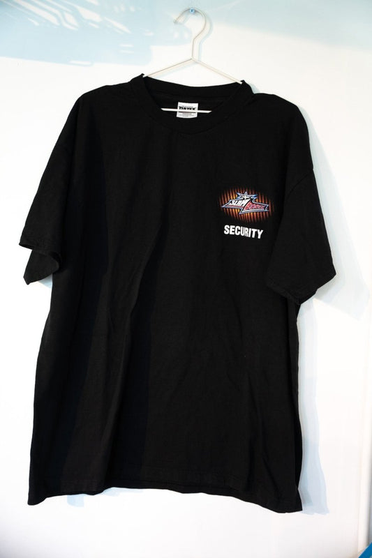 Black 1999 WCW Slamboree PPV security shirt with star logo orange red stripes white SECURITY text on left chest Tultex size XXL