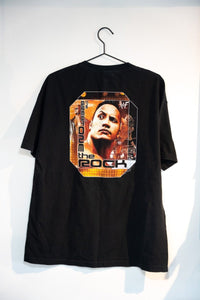 WWF The Rock Just Bring It graphic t-shirt in size XL from 2000, featuring black cotton with wrestling promotional print